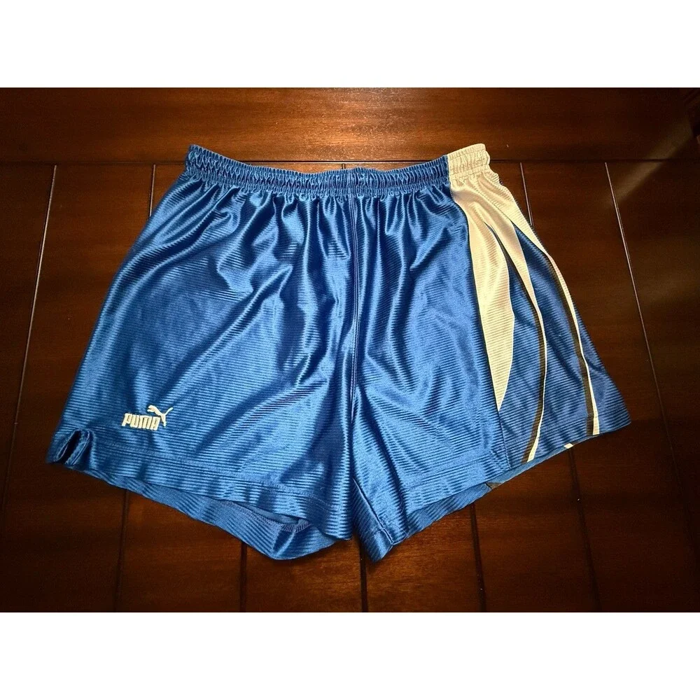 🔥 RARE PUMA Vintage Shiny Silky Dazzle Basketball Running Shorts Blue XL USA!